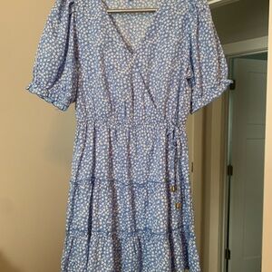 Blush Blue and White Wrap Midi Dress with Puff Sleeves